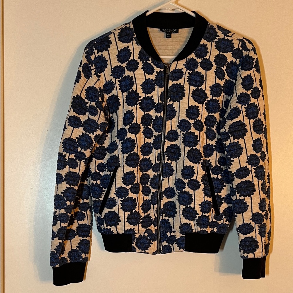 Topshop Blue and Cream Floral Quilted Bomber Jacket/Sweater
